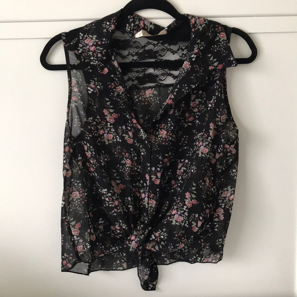 Lacy Floral Tie Front Top